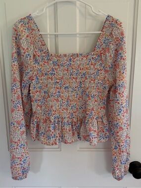 Jopna Floral Smocked Peplum Blouse Square Neck Balloon Sleeve M